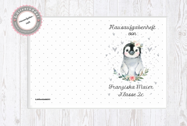 zuckersüßer Schulheft Umschlag Pinguin Hausaufgabenheft in seperater Hochwertiger Hülle von Lüttentüddel®